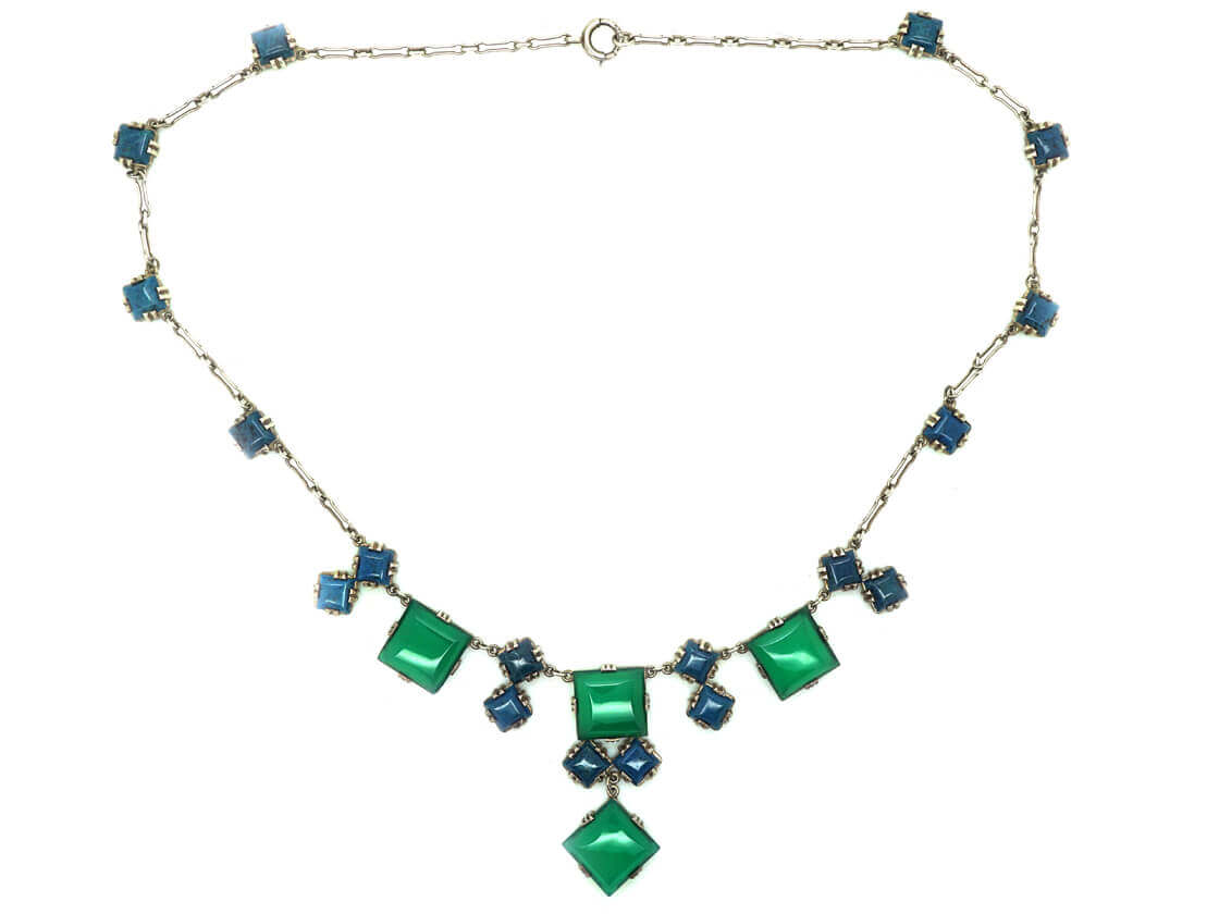 Art Deco Silver & Blue & Green Chalcedony Necklace (528M) | The Antique ...