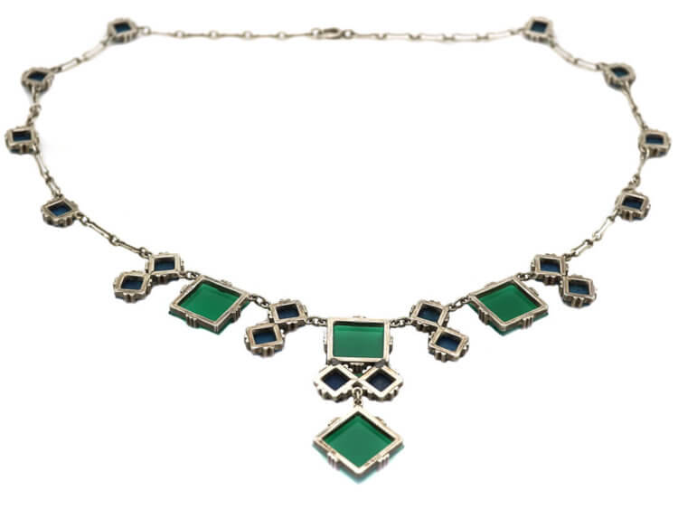 Art Deco Silver & Blue & Green Chalcedony Necklace