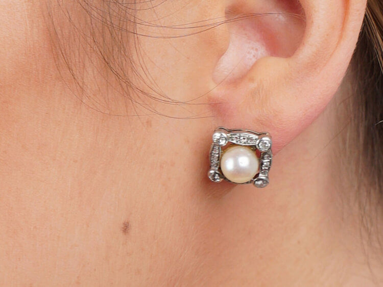 Art Deco 18ct White Gold, Diamond & Pearl Earrings