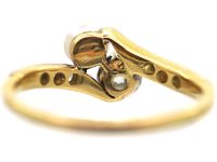 Edwardian 18ct Gold & Platinum Crossover Ring set with a Natural Pearl & a Diamond