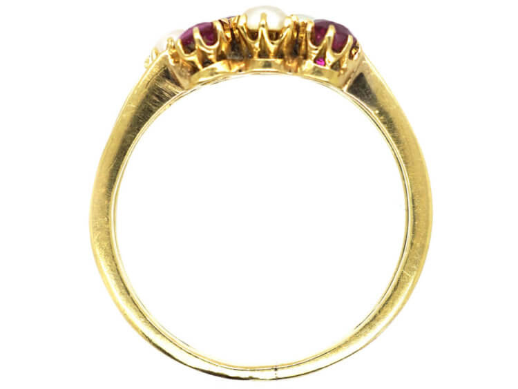 Edwardian 18ct Gold Two Row Ruby & Natural Pearl Ring