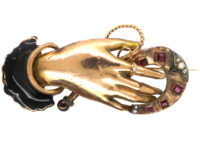 Victorian 14ct Gold & Enamel Hand Brooch Holding Horseshoe