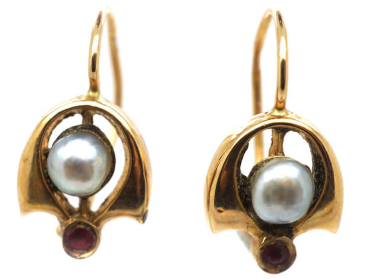 Austrian 14ct Gold Art Nouveau Pearl & Ruby Earrings