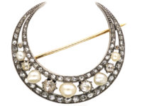 Victorian 15ct Gold Natural Pearl & Rose Diamond Crescent Brooch