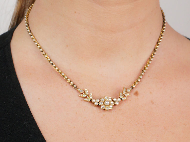 Victorian 18ct Gold & Natural Split Pearl Necklace in Original Case
