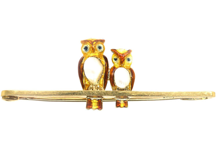 Edwardian 15ct Gold, Enamel & Pearl Mother & Baby Owl Brooch