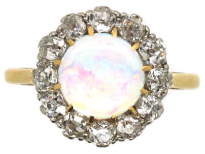 Edwardian 18ct Gold and Platinum, Opal & Diamond Cluster Ring