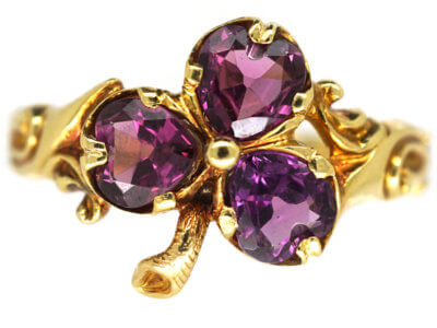 Edwardian 18ct Gold & Almandine Garnet Irish Clover Ring