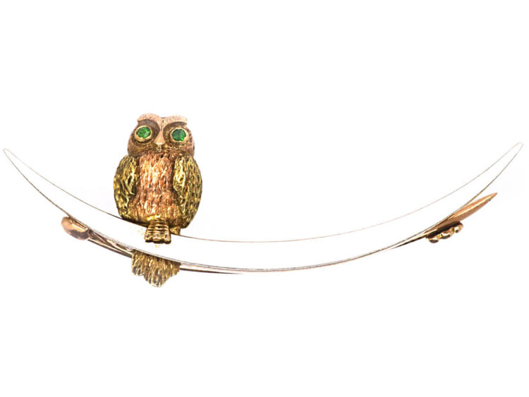 Edwardian 15ct Gold & Platinum Owl in The Moon Brooch