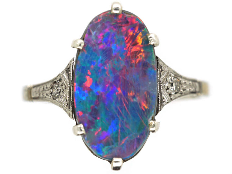 Art Deco Opal Doublet & Diamond Ring
