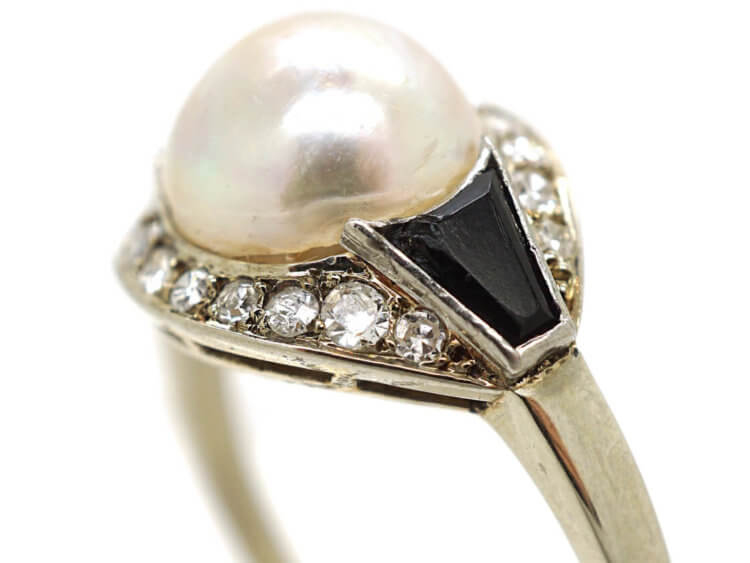 Art Deco 18ct White Gold, Onyx, Pearl & Diamond Ring