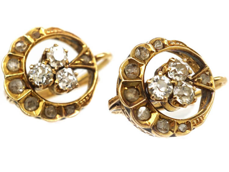 Edwardian 18ct Gold & Diamond Clover and Moon Crescent Earrings