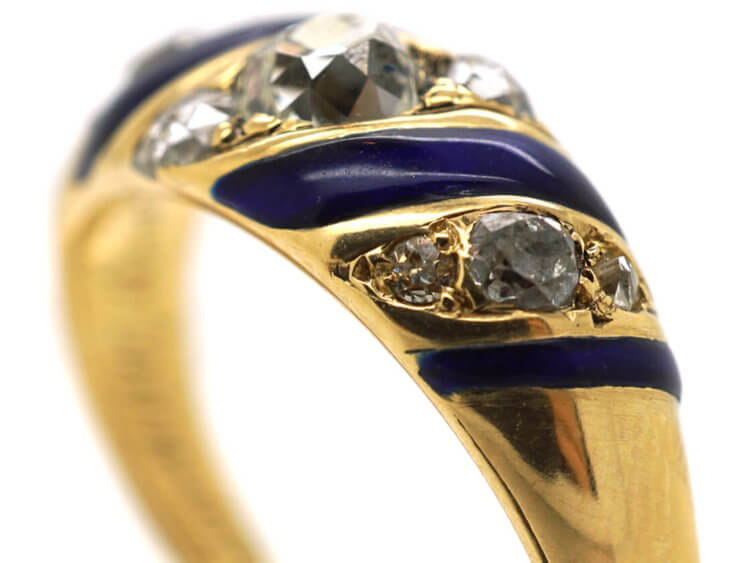 Early Victorian Royal Blue Enamel & Diamond 18ct Gold Ring