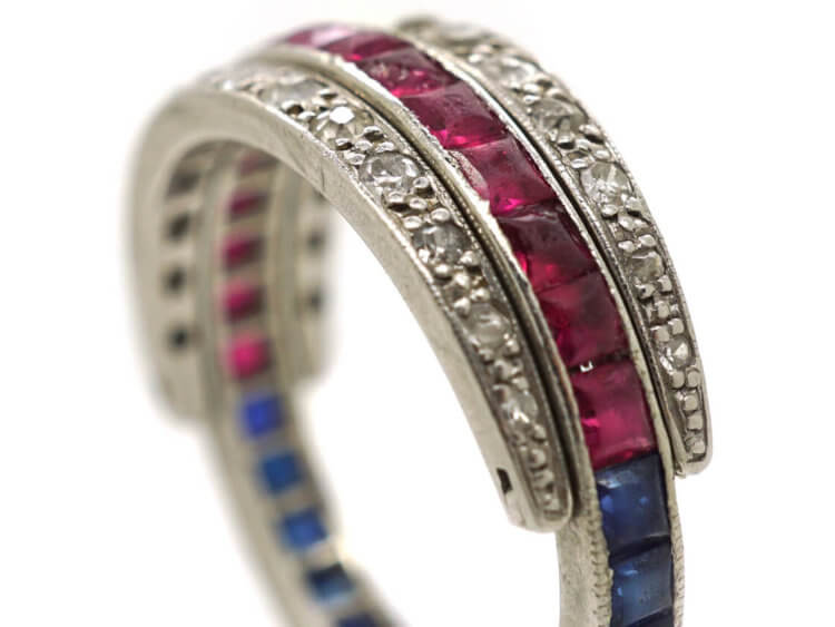 Art Deco Platinum, Ruby, Sapphire ​& Diamond Flipover Night and Day Ring