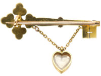 Edwardian Key to the Door 15ct Gold Brooch set with Natural Split Pearls with a Moonstone Heart Shaped Drop