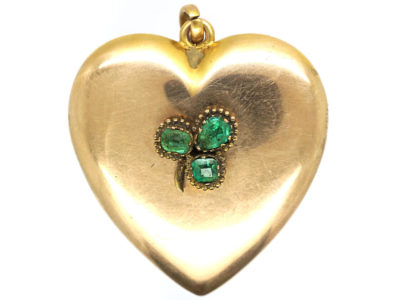 Large Edwardian 10ct Gold Heart Shaped Locket set with Three Emeralds