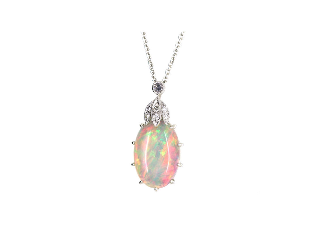 Edwardian 18ct White Gold, Opal & Diamond Pendant on 18ct White Gold Chain