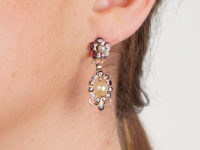 Georgian Flat Cut Almandine Garnet & Natural Pearl Drop Earrings