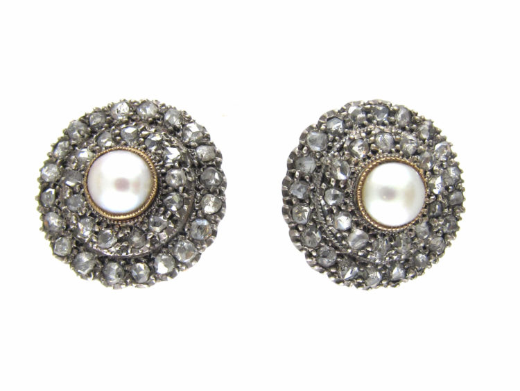 Victorian Rose Diamond & Natural Split Pearl Round Earrings
