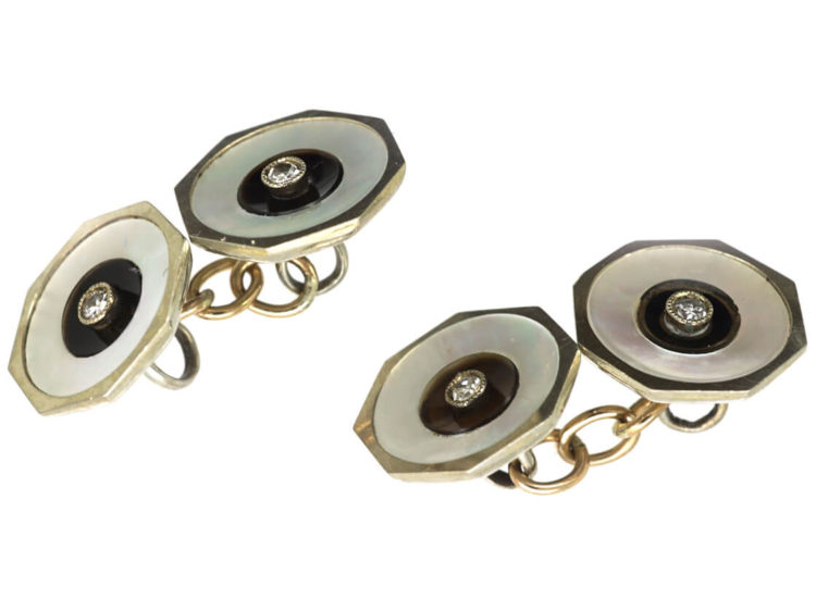Art Deco 18ct White Gold Octagonal Shaped Cufflinks with Onyx, Mother of Pearl & Diamonds
