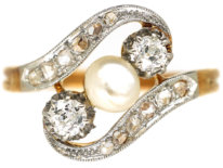 Art Nouveau 18ct Gold & Platinum, Diamond & Natural Pearl Crossover Ring
