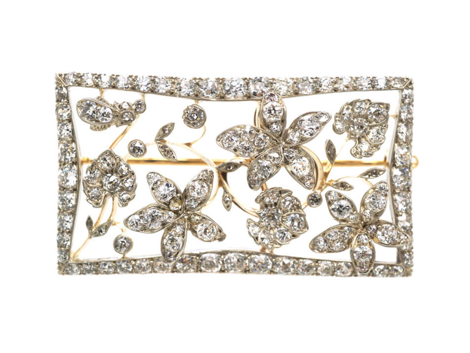 Edwardian Rectangular Shaped Diamond Flower Brooch in Original Case