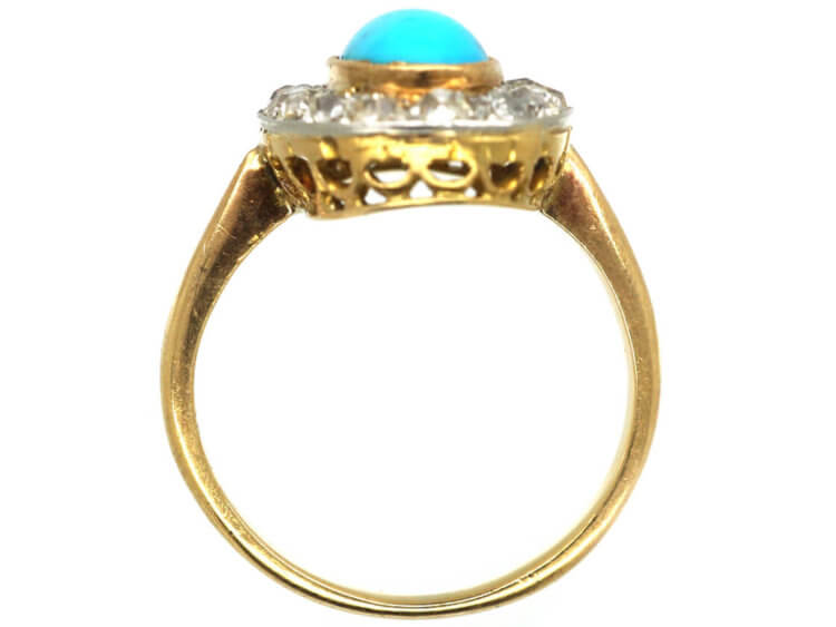 Edwardian 18ct Gold, Turquoise & Diamond Oval Cluster Ring