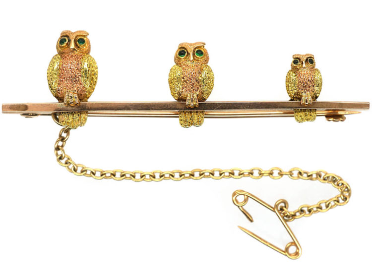 Edwardian 9ct & 15ct Gold Three Little Owls Brooch