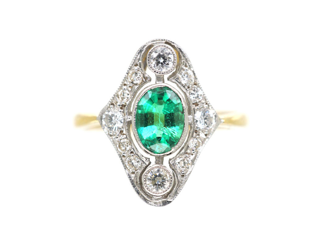 Art Deco 18ct Gold & Platinum, Emerald & Diamond Ring