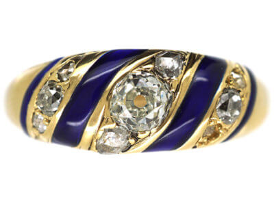 Early Victorian Royal Blue Enamel & Diamond 18ct Gold Ring