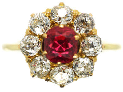 Victorian 18ct Gold, Diamond and Pink Spinel Cluster Ring