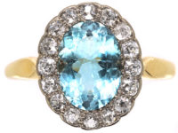 Edwardian 18ct Gold, Aquamarine & Diamond Cluster Ring