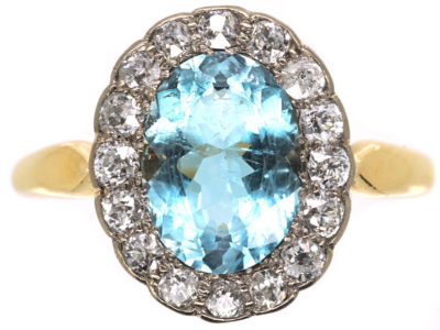 Edwardian 18ct Gold, Aquamarine & Diamond Cluster Ring