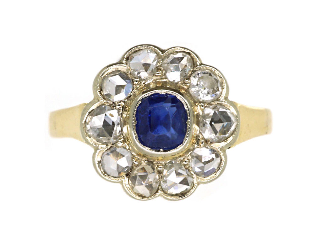 Edwardian 14ct Gold, Sapphire & Rose Diamond Cluster Ring