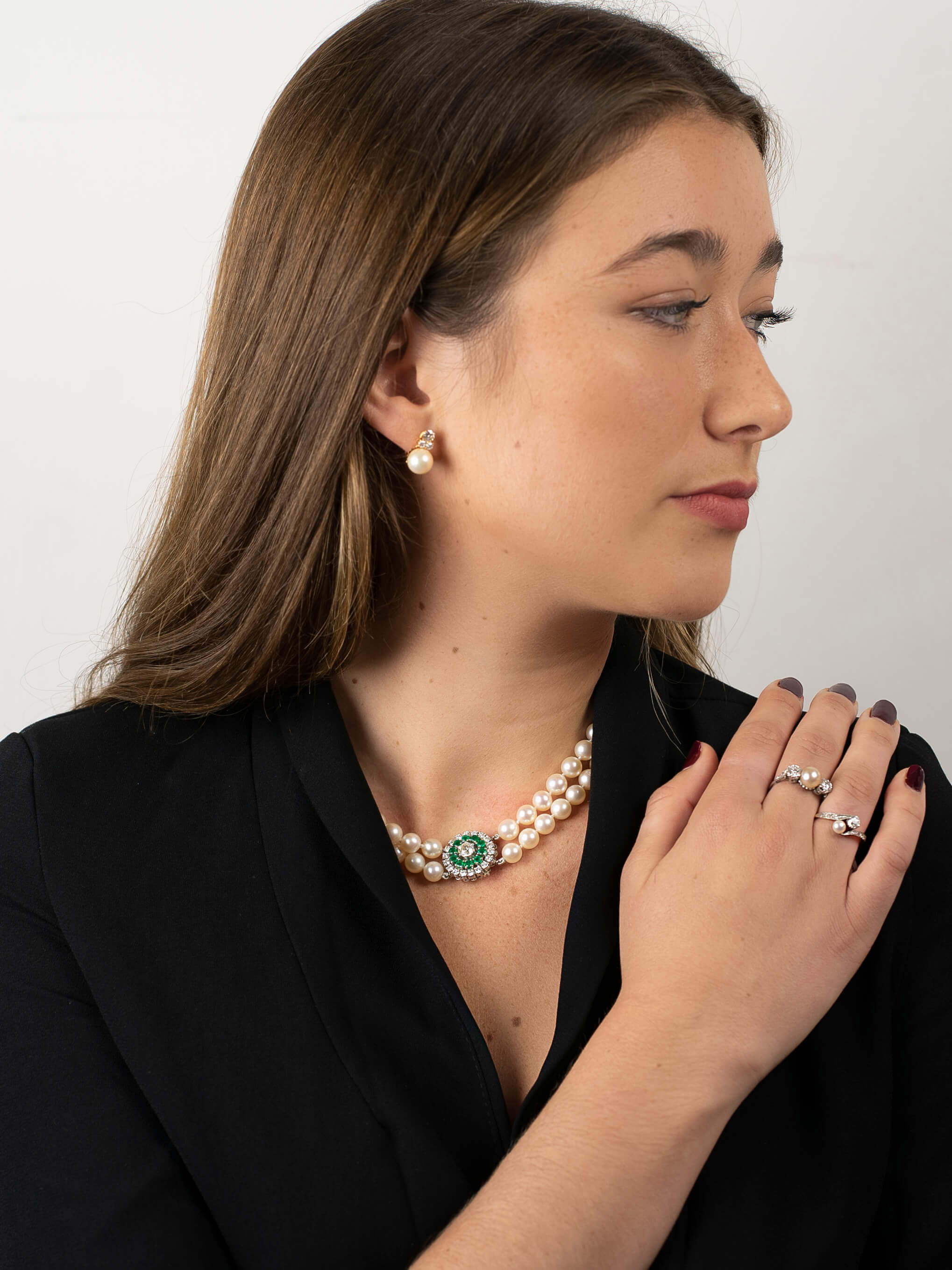 Cultured Pearl Double Strand Necklace With Emerald & Diamond Clasp