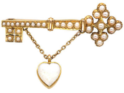 Edwardian Key to the Door 15ct Gold Brooch set with Natural Split Pearls with a Moonstone Heart Shaped Drop