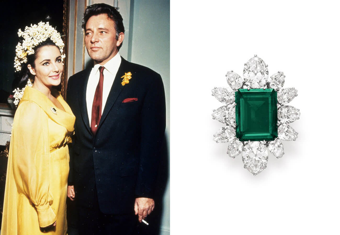 Elizabeth Taylor and Richard Burton, and one of Taylor's iconic emerald rings