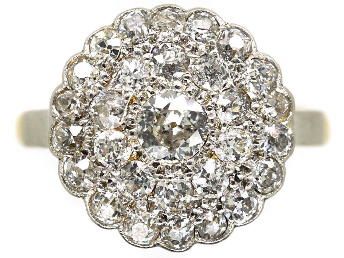 Late Edwardian 18ct Gold & Platinum, Diamond Triple Row Pave Set Cluster Ring