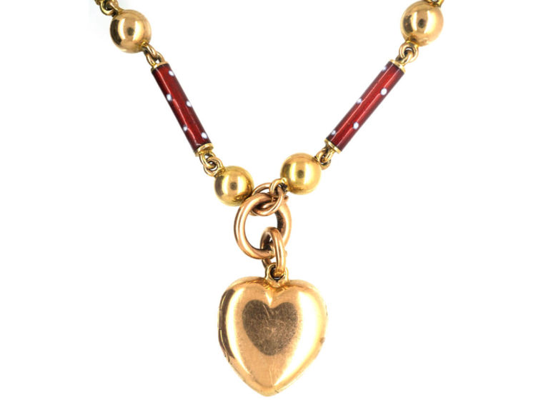 Edwardian 15ct Gold, Green & Red Enamel Heart Locket set with a Diamond on matching 15ct Gold Green & Red Enamel Chain