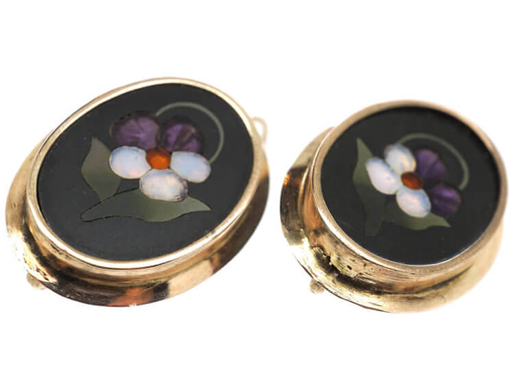 Victorian 9ct Gold & Pietra Dura Flower Earrings