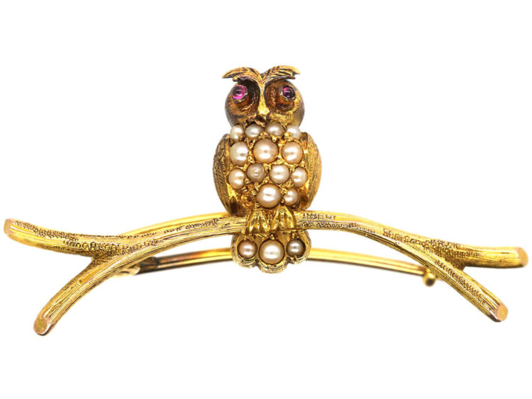 Edwardian 15ct Gold Pearly Owl Brooch