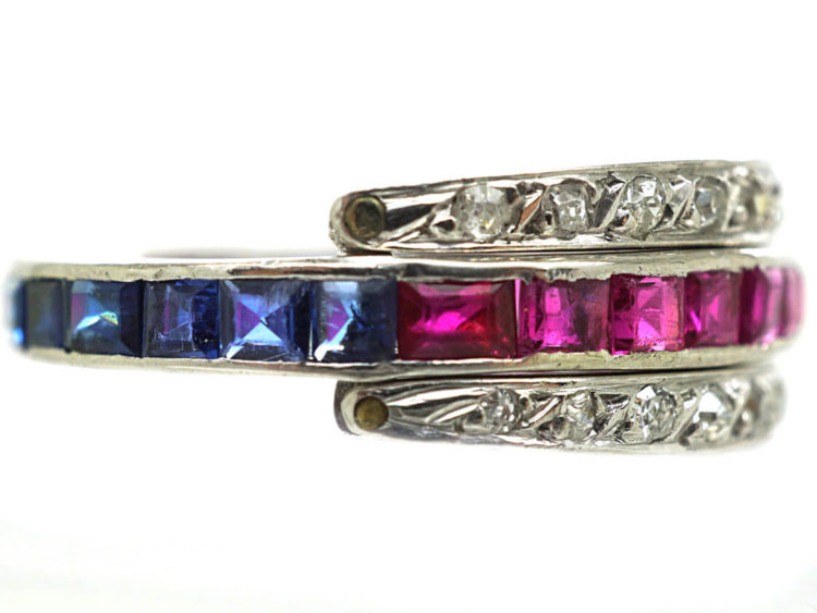 Art Deco 18ct White Gold Ruby, Diamond & Sapphire Flipover Ring