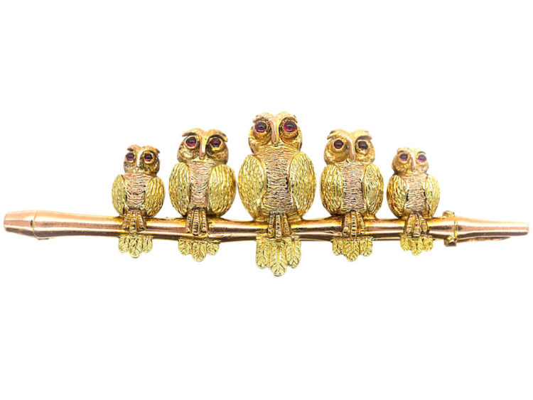 Edwardian 9ct Two Colour Gold Brooch of a Little Owl Family