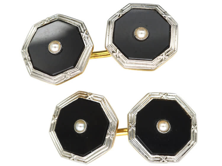 Art Deco Platinum & 18ct Gold Cufflinks Set With Onyx & Natural Split Pearls