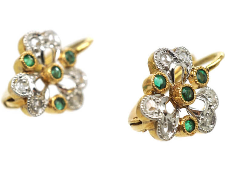 French 18ct Gold Emerald & Diamond Trefoil Earrings