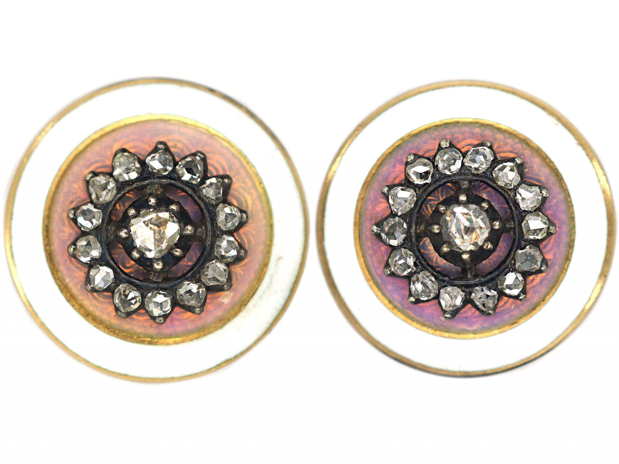 Edwardian 18ct Gold, Enamel & Rose Diamond Round Earrings Edwardian 18ct Gold, Enamel & Rose Diamond Round Earrings