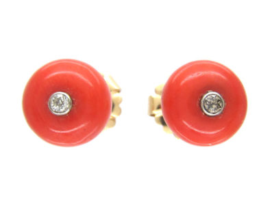 Victorian Coral & Diamond Button Earrings