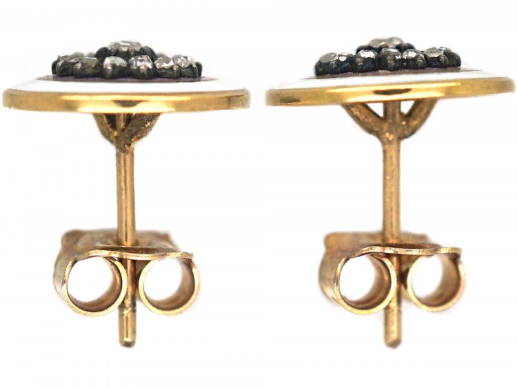 Edwardian 18ct Gold, Enamel & Rose Diamond Round Earrings