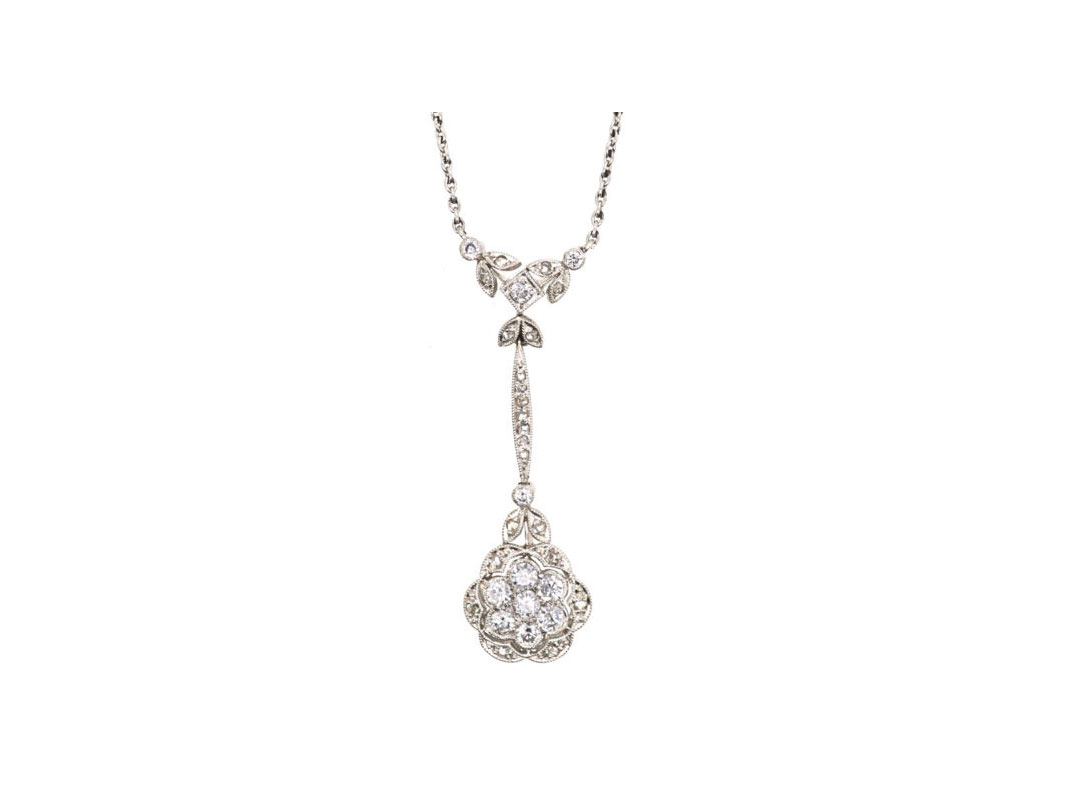 Art Deco 18ct White Gold & Diamond Flower Pendant on 18ct White Gold Chain