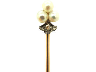 French 18ct Gold, Natural Pearl & Rose Diamond Tie Pin